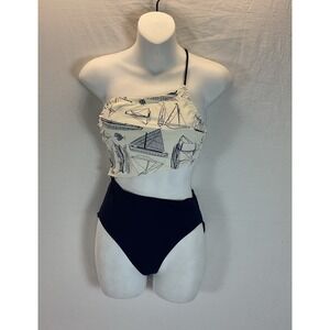 Tory Burch Swimsuit Small Blue nautical one shoulder mono kini one piece